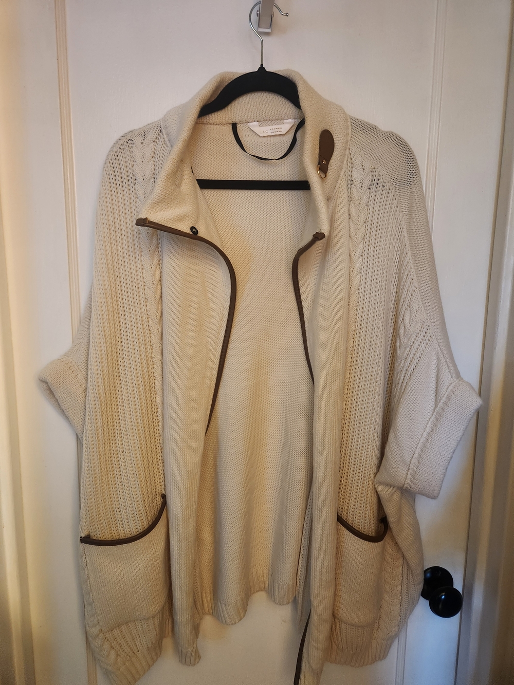 LC Lauren Conrad Cream Open-Front Knit Poncho Cardigan with Trim
